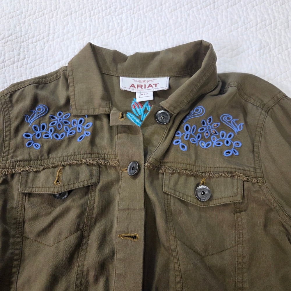 Ariat Womens Olive Green Embroidered Floral Western Utility Jacket Raw Hem M‎